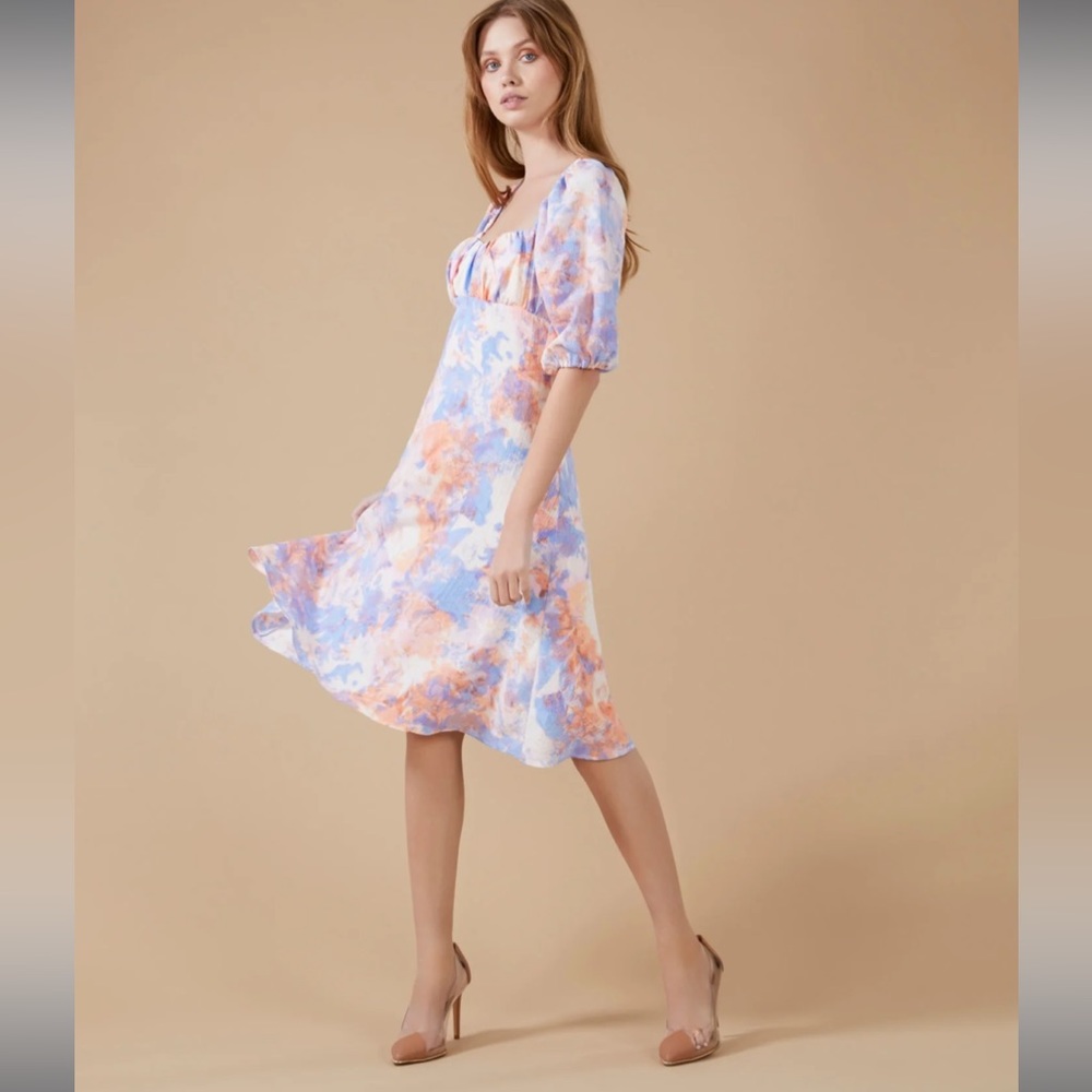 NWT - BCBGENERATION - Molly Puff Sleeve Midi Dress In Abstract Tie Dye - L